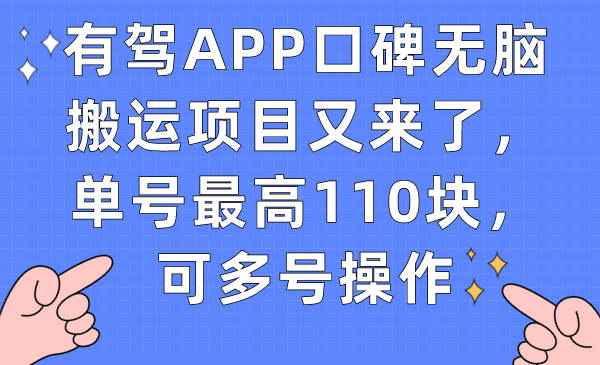 有驾APP口碑无脑搬运项目又来了，单号最高110块，可多号操作-温馨分享网
