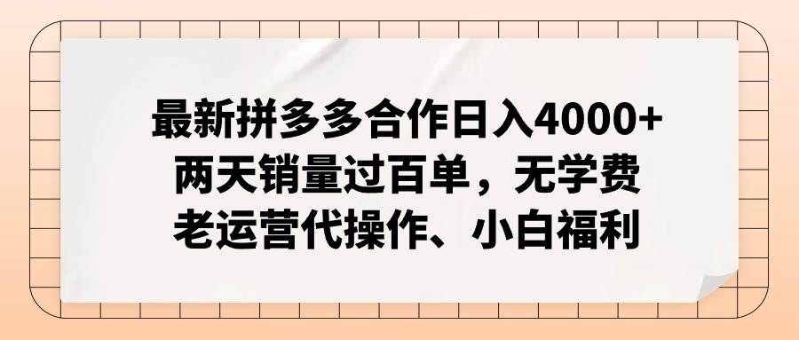 最新拼多多合作日入4000+两天销量过百单，无学费、老运营代操作、小白福利-温馨分享网