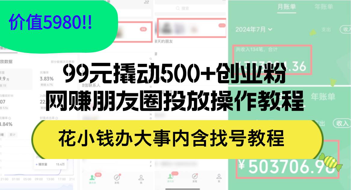 99元撬动500+创业粉，网赚朋友圈投放操作教程价值5980！花小钱办大事内…-温馨分享网