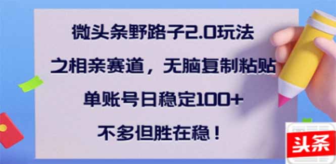 微头条野路子2.0玩法之相亲赛道，无脑搬砖复制粘贴，单账号日稳定300+…-温馨分享网