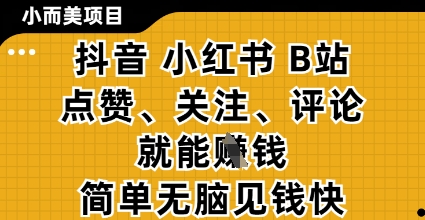 小而美的项目，抖音小红书B站视频点赞、关注、评论就能挣钱，简单无脑立见收益，妥妥的零撸项目【揭秘】-温馨分享网